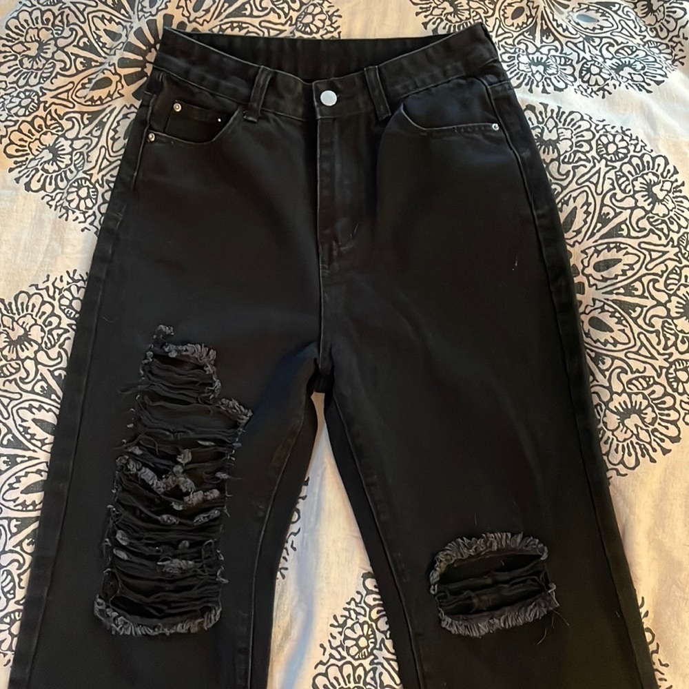 Black wide leg ripped jeans